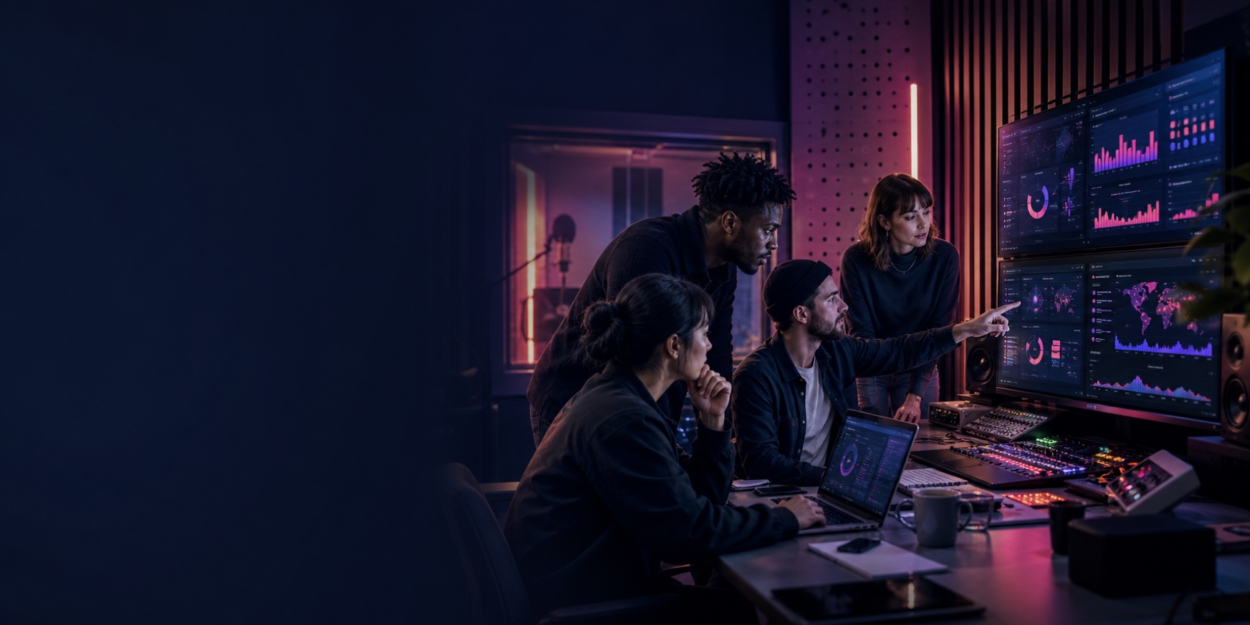 Équipe créative de marketing musical au travail dans un studio contemporain
