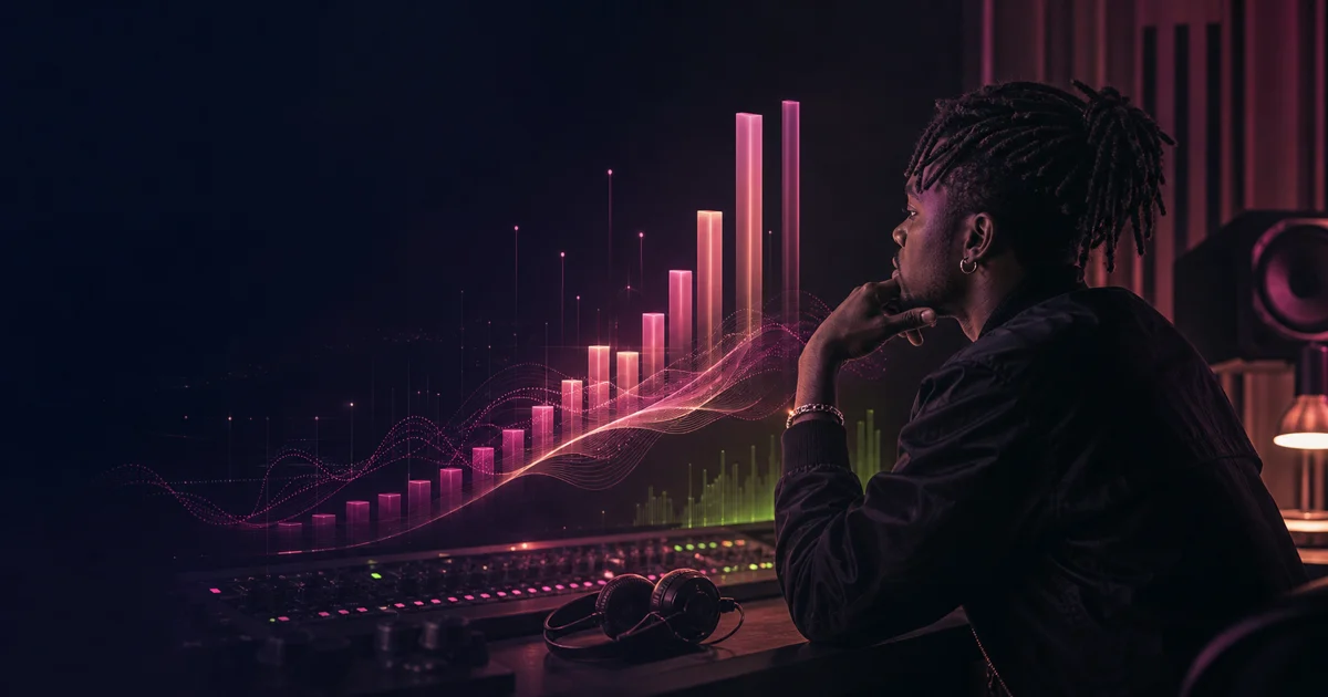 Artist analysiert Musikcharts und Performance in einem Studio