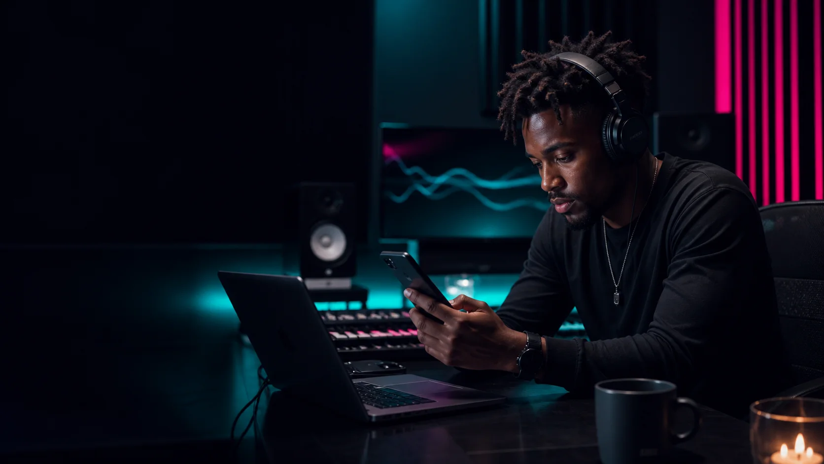 Independent artist reviewing a SoundCloud release campaign in a studio